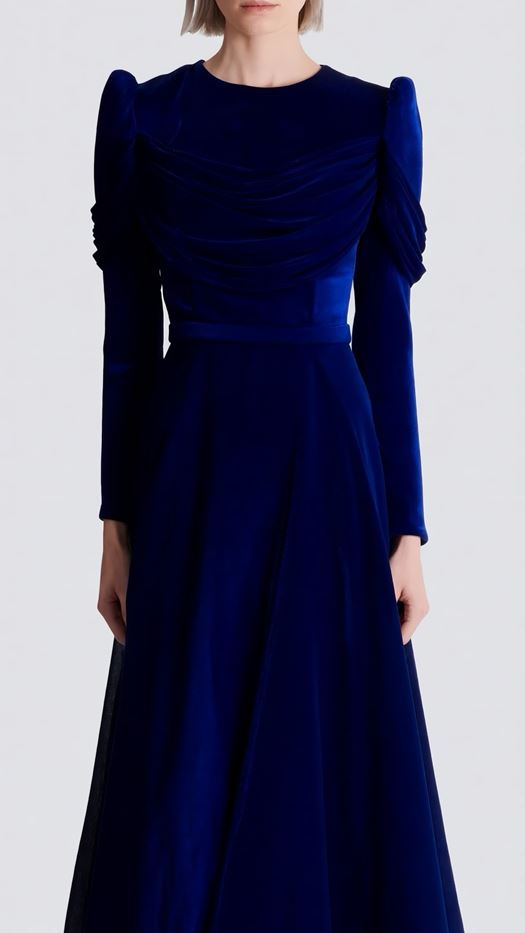 Elegant evening dress with a draped bodice and puffed sleeves - Lena