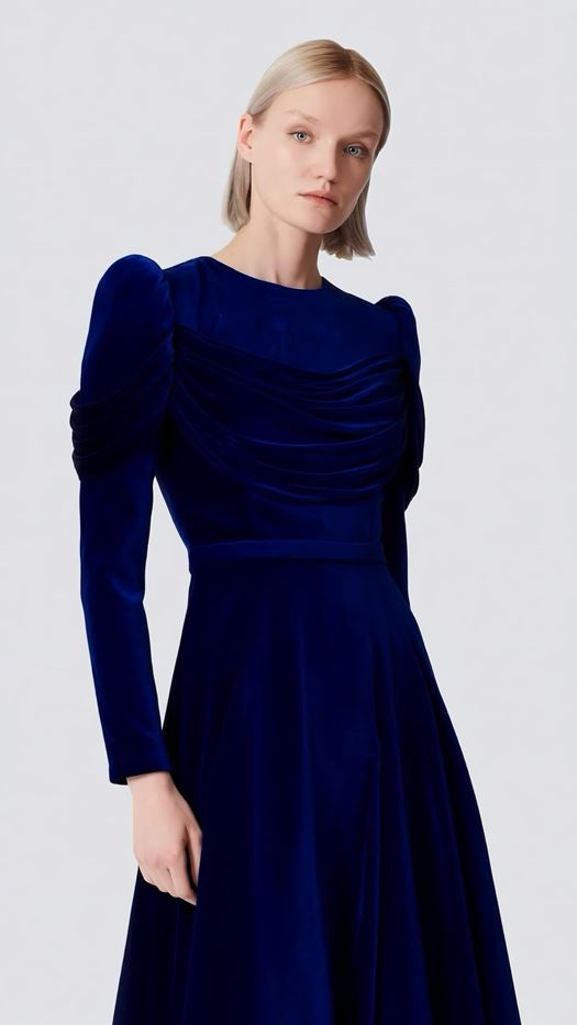 Elegant evening dress with a draped bodice and puffed sleeves - Lena