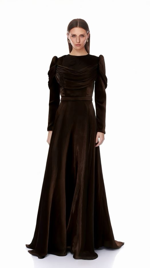 Elegant evening dress with a draped bodice and puffed sleeves - Lena