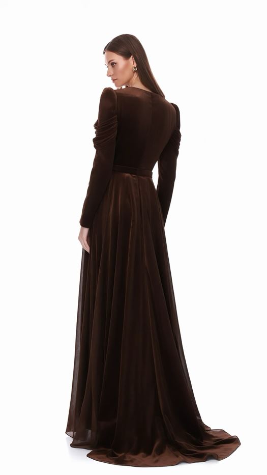 Elegant evening dress with a draped bodice and puffed sleeves - Lena
