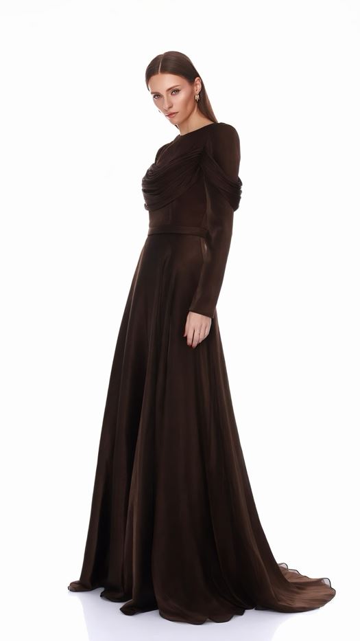 Elegant evening dress with a draped bodice and puffed sleeves - Lena