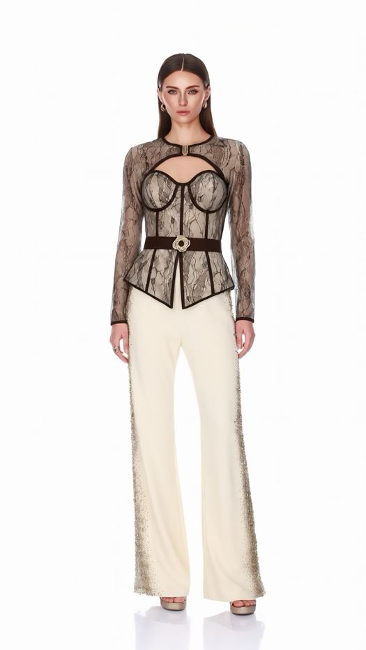 Elegant Set: Peplum Lace Top and Wide-Leg Trousers - GALYA