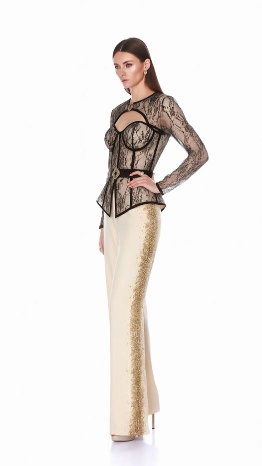 Elegant Set: Peplum Lace Top and Wide-Leg Trousers - GALYA