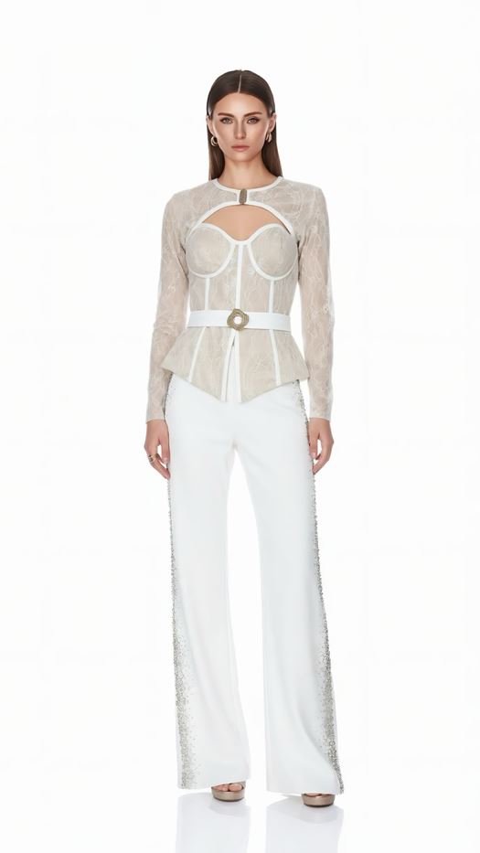 Elegant Set: Peplum Lace Top and Wide-Leg Trousers - GALYA