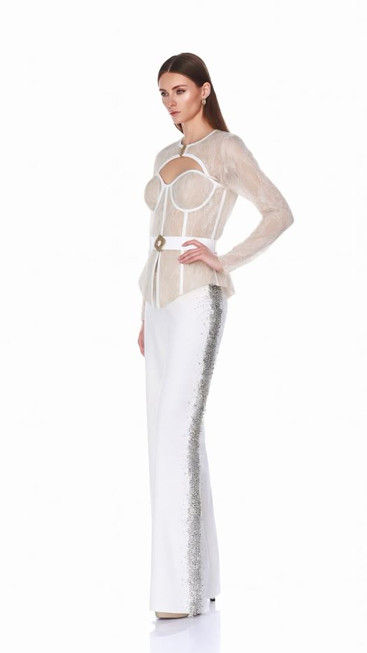 Elegant Set: Peplum Lace Top and Wide-Leg Trousers - GALYA