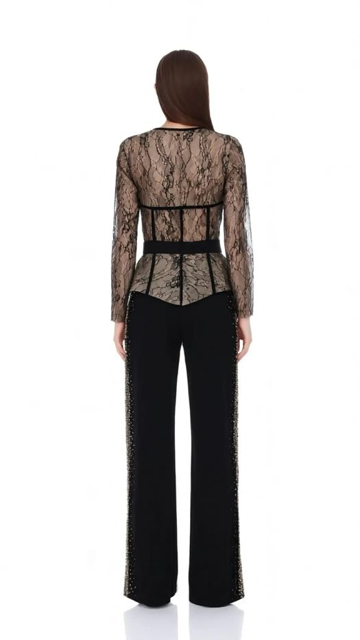 Elegant Set: Peplum Lace Top and Wide-Leg Trousers - GALYA