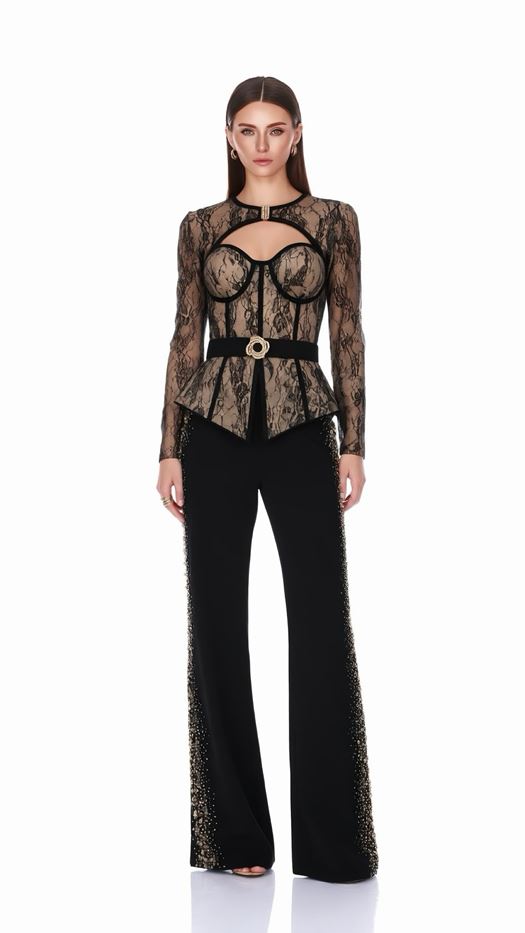 Elegant Set: Peplum Lace Top and Wide-Leg Trousers - GALYA