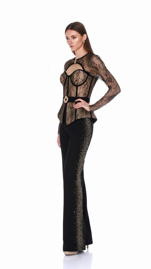 Elegant Set: Peplum Lace Top and Wide-Leg Trousers - GALYA