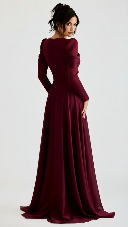 Elegant evening dress with a draped bodice and puffed sleeves - Lena