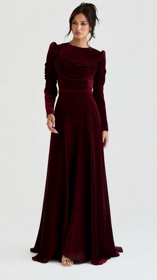 Elegant evening dress with a draped bodice and puffed sleeves - Lena