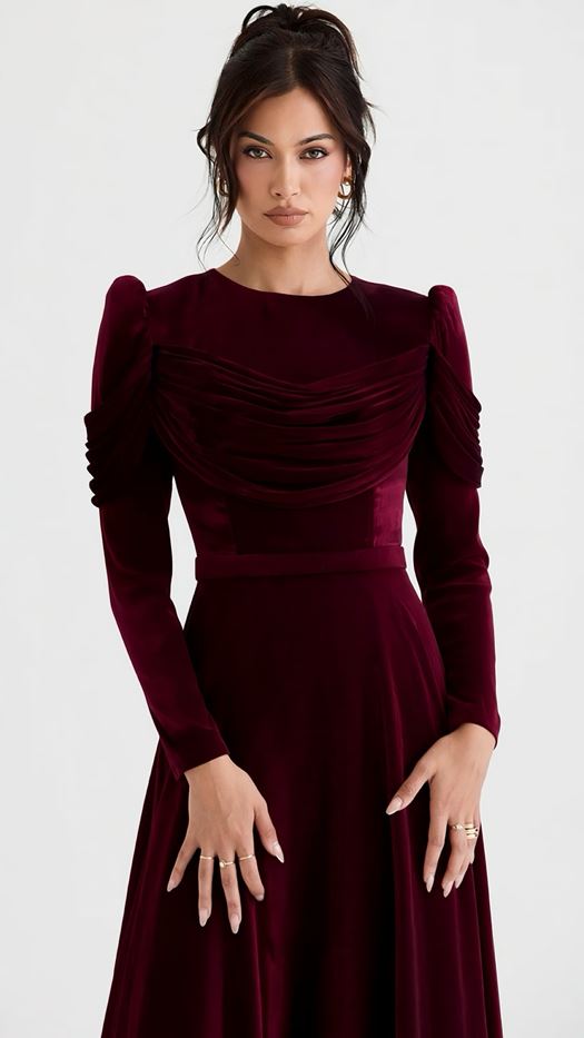 Elegant evening dress with a draped bodice and puffed sleeves - Lena
