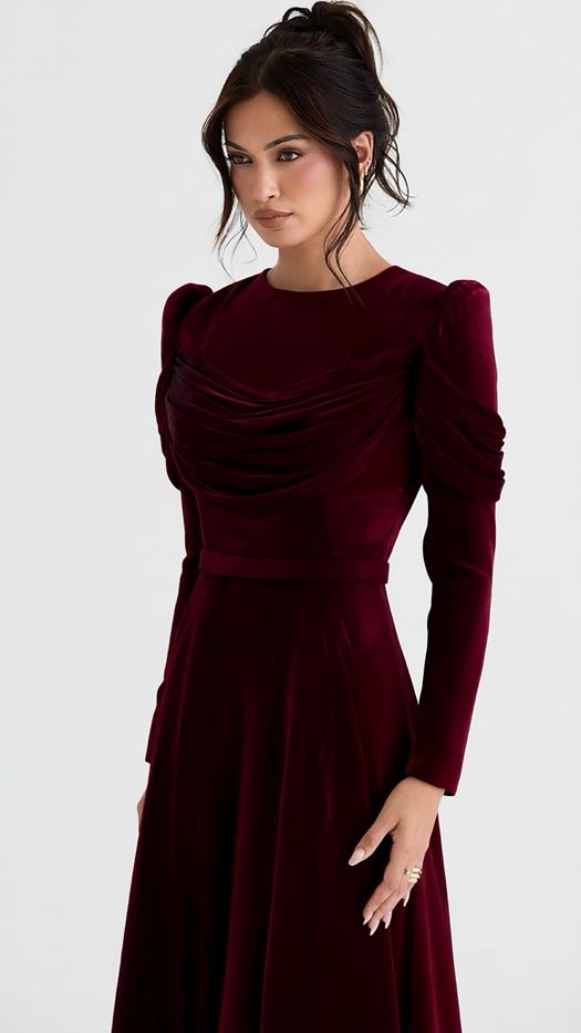 Elegant evening dress with a draped bodice and puffed sleeves - Lena