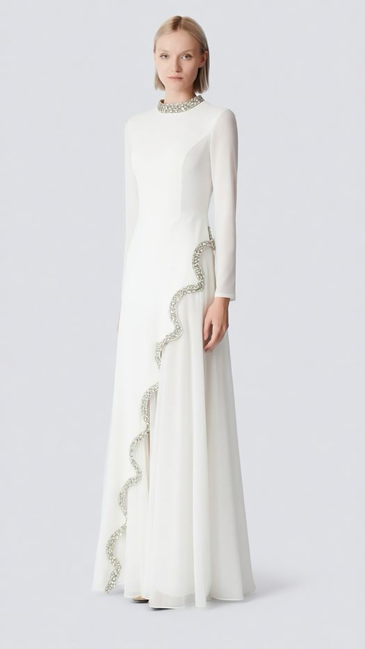Elegant Beige Maxi Dress with Crystal Embellished Wave Detail - SELAA