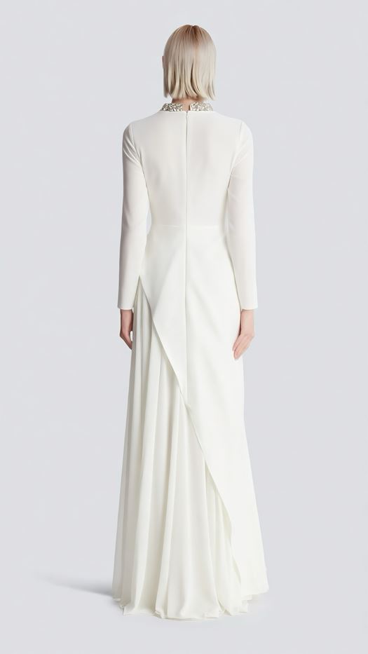 Elegant Beige Maxi Dress with Crystal Embellished Wave Detail - SELAA
