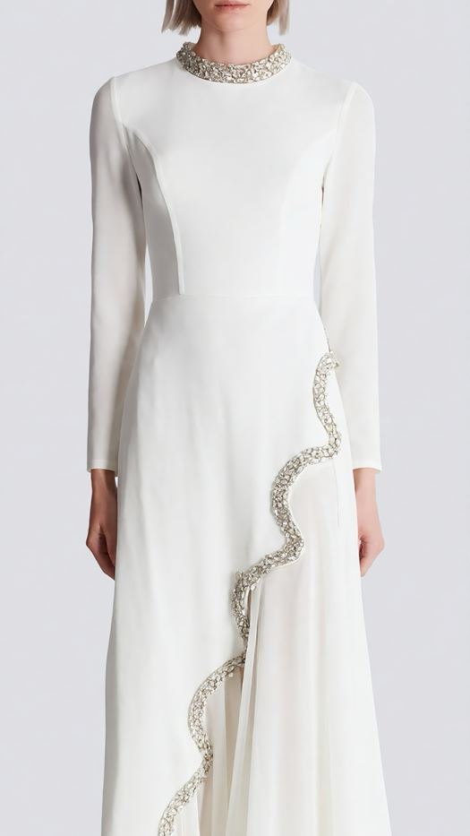 Elegant Beige Maxi Dress with Crystal Embellished Wave Detail - SELAA