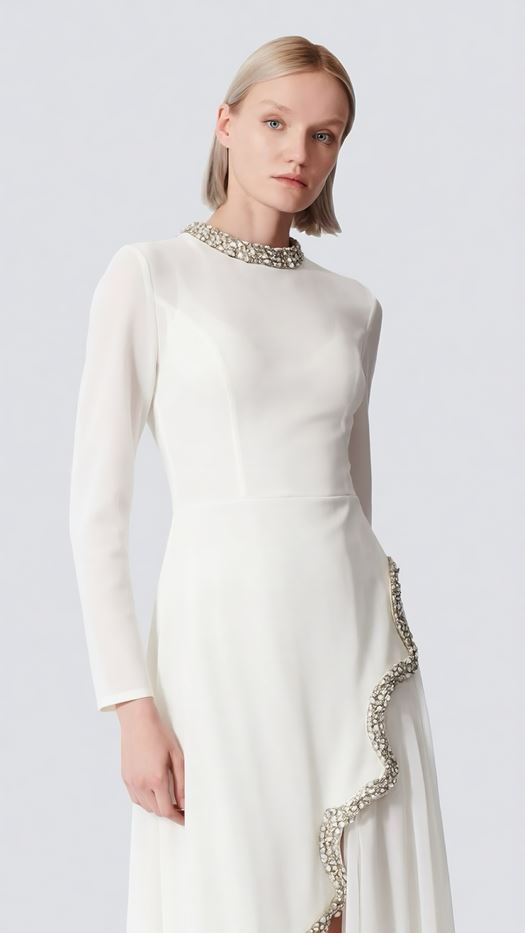 Elegant Beige Maxi Dress with Crystal Embellished Wave Detail - SELAA