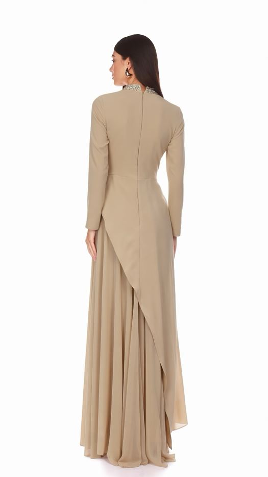 Elegant Beige Maxi Dress with Crystal Embellished Wave Detail - SELAA