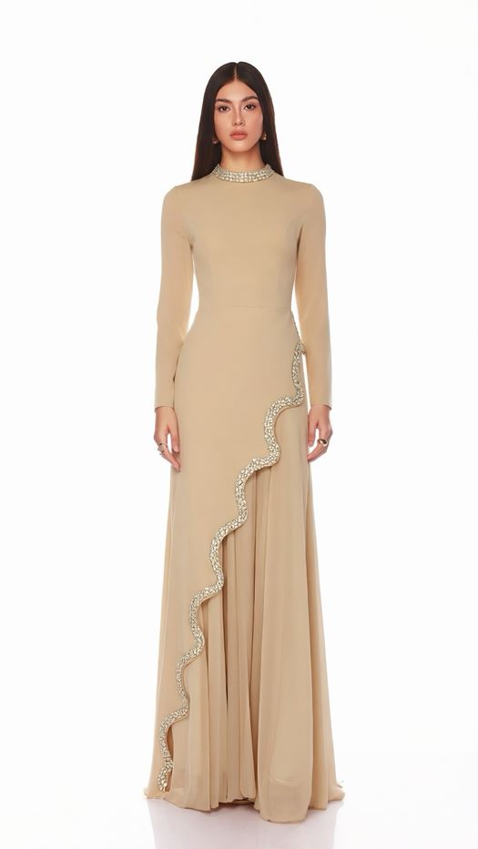 Elegant Beige Maxi Dress with Crystal Embellished Wave Detail - SELAA
