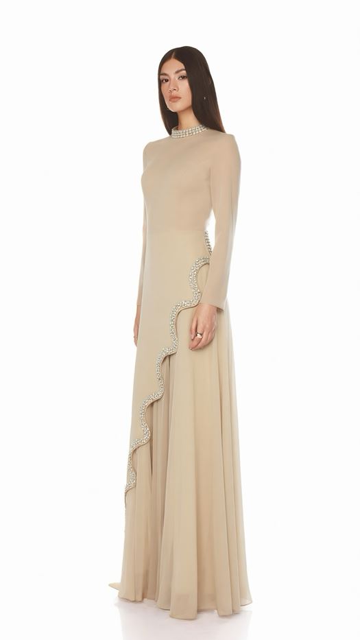 Elegant Beige Maxi Dress with Crystal Embellished Wave Detail - SELAA