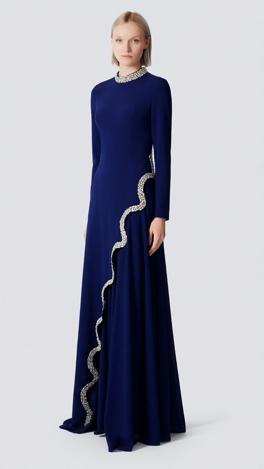 Elegant Beige Maxi Dress with Crystal Embellished Wave Detail - SELAA