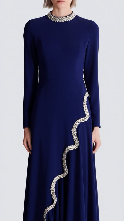 Elegant Beige Maxi Dress with Crystal Embellished Wave Detail - SELAA