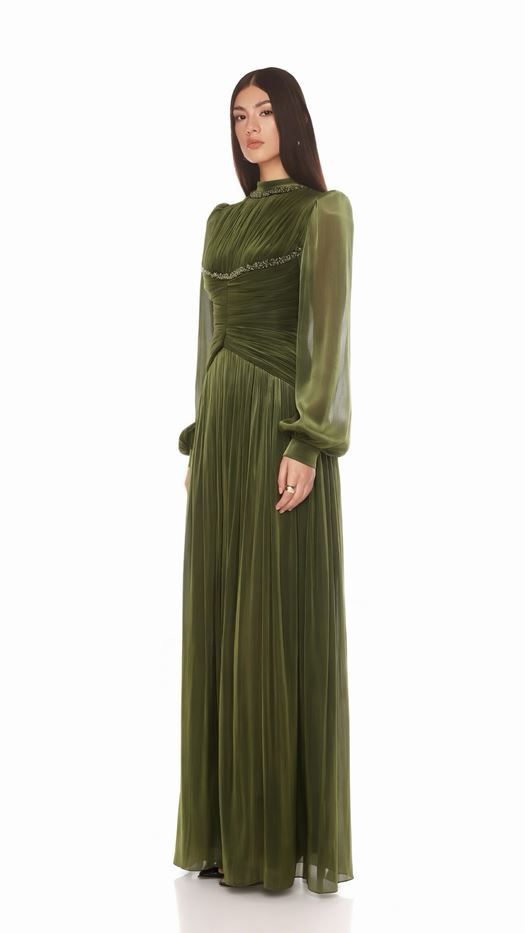 Pleated Maxi Dress with Gathered Waist Detail - SNYAI