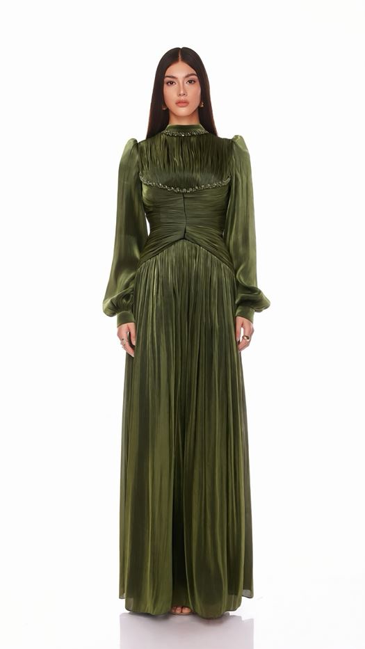 Pleated Maxi Dress with Gathered Waist Detail - SNYAI