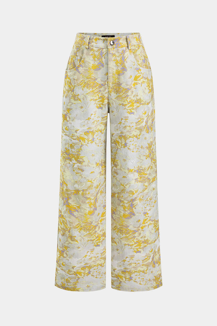 Abstract Print Denim Button Pocket Wide Leg Trousers