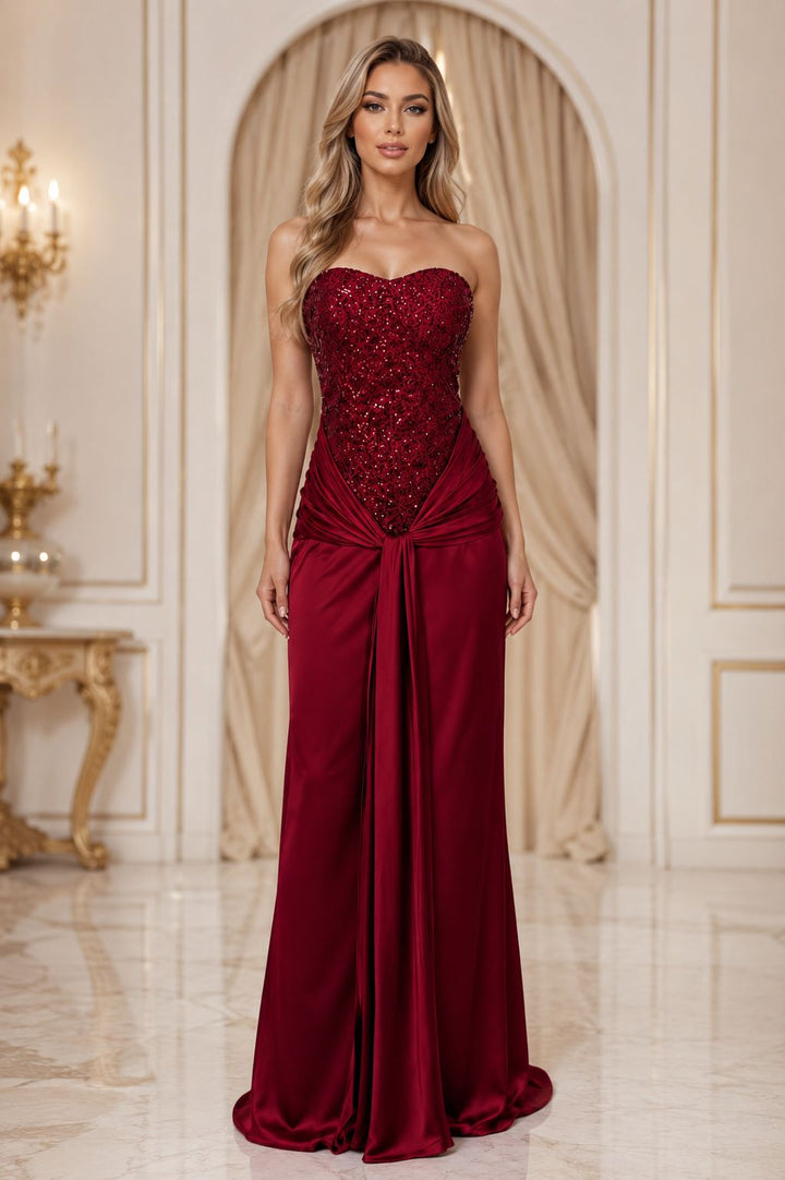Sequin Satin Evening Gown - Ruby