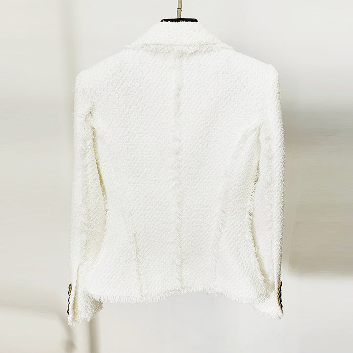 textured cropped blazer with chain trim – IVORY