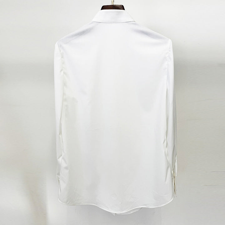 high-neck blouse with cascading ruffle front – ELARA