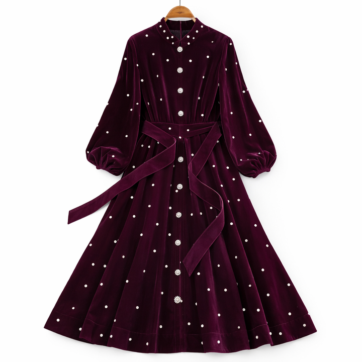 pearl-embellished velvet midi dress with waist tie – CELESTE