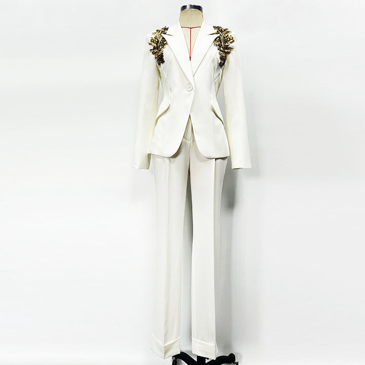 tailored blazer with embellished shoulders and wide-leg pants set – ROYAL