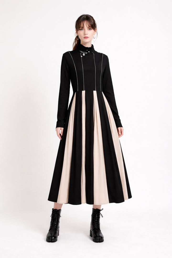 Black Beige Panel Maxi Dress-FORNET