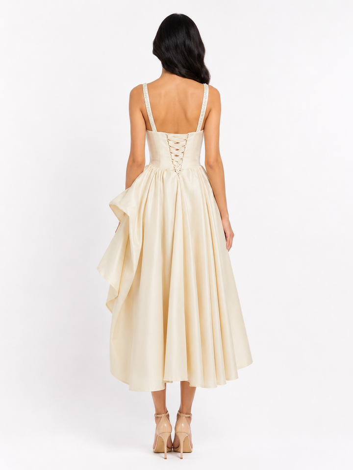 Asymmetrical Ruffle Midi Dress - Champagne
