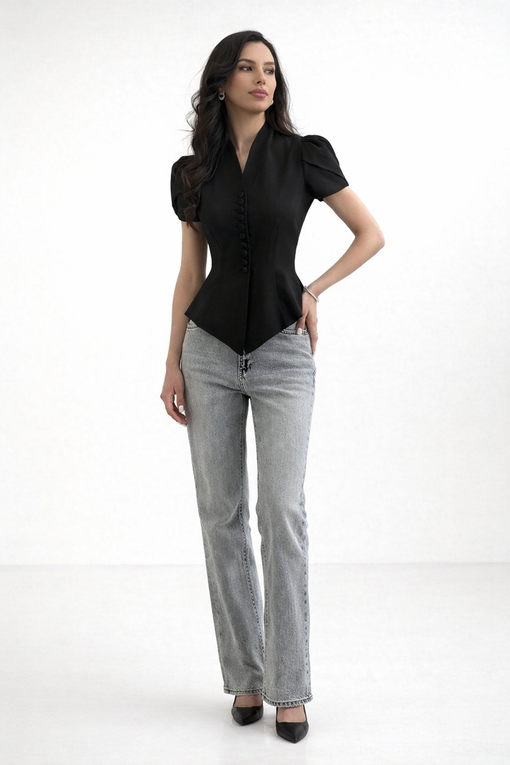Elegant Black Buttoned Peplum Top-CONDA