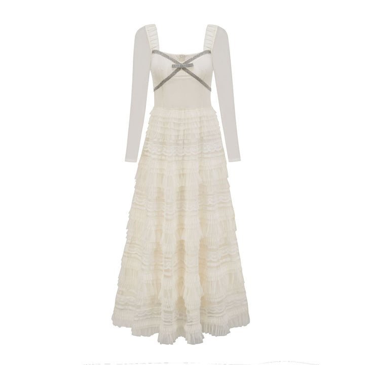 long-sleeve lace and tulle maxi dress with ribbon detail – BELLE