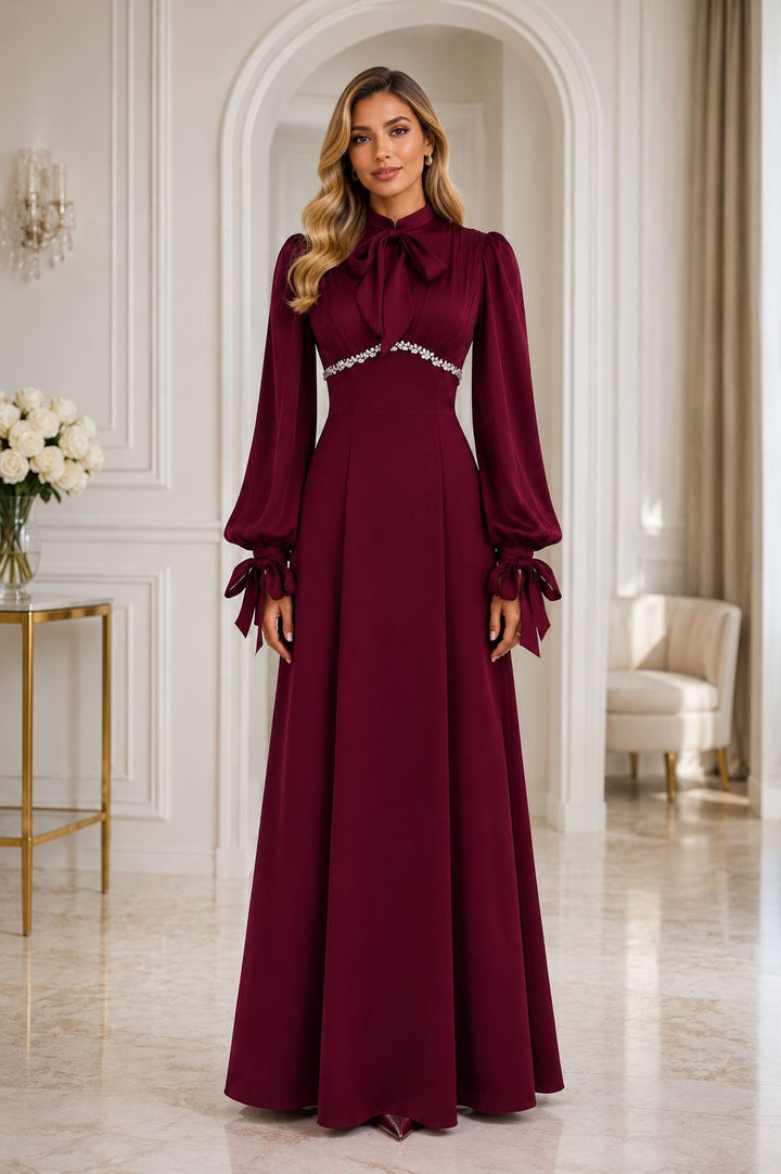 Elegant Pearl Waist Tie-Neck Maxi Dress - Grace