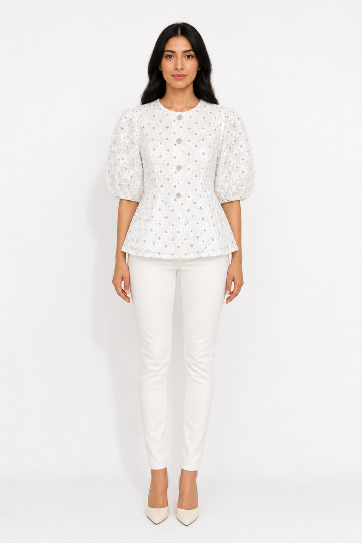 Blush Floral Embroidered Peplum Blouse – ROSÉLIA