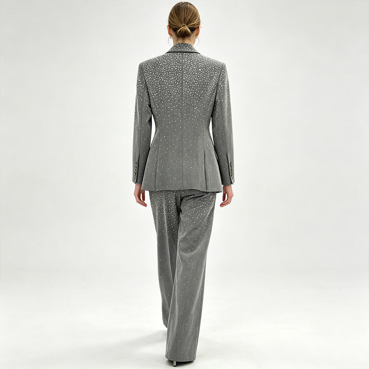 Rhinestone Tailored Blazer & Wide-Leg Pants Set - Silver