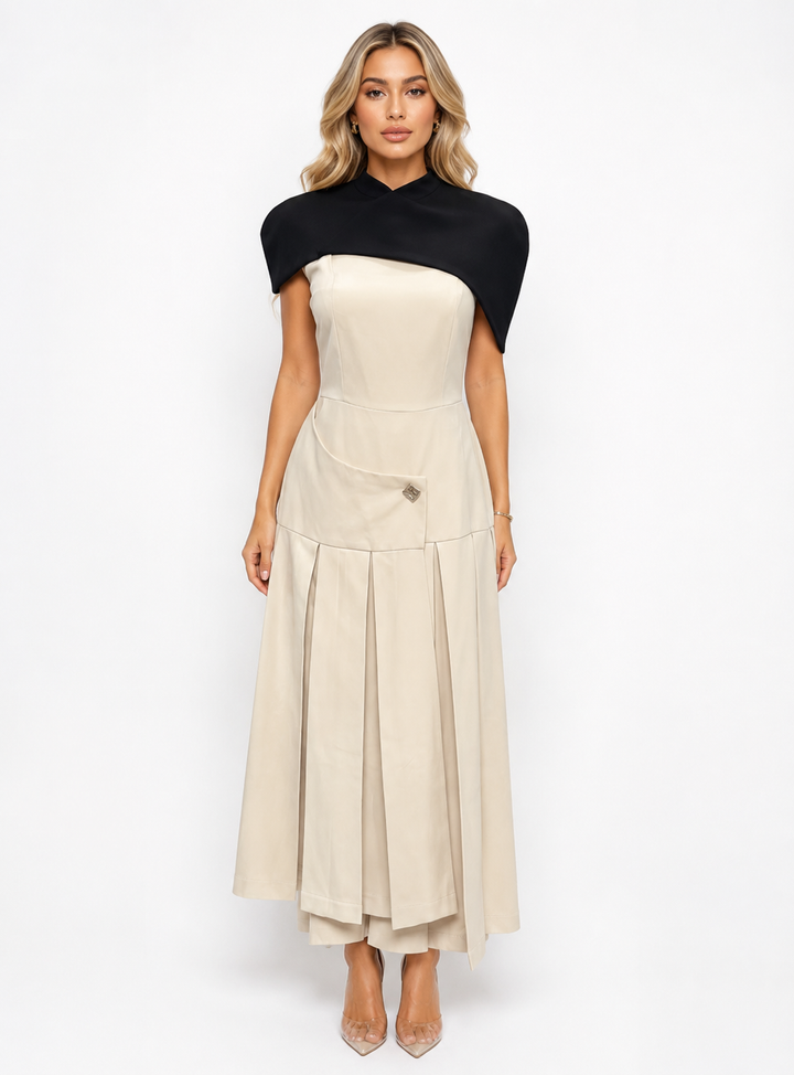 Contrast Cape Pleated Midi Dress - Ivory