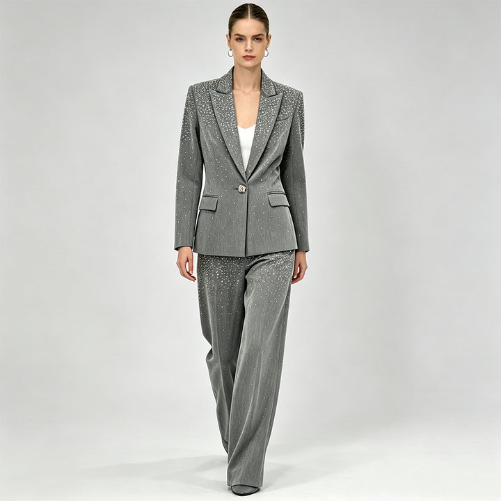 Rhinestone Tailored Blazer & Wide-Leg Pants Set - Silver