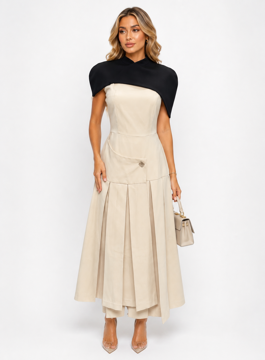 Contrast Cape Pleated Midi Dress - Ivory
