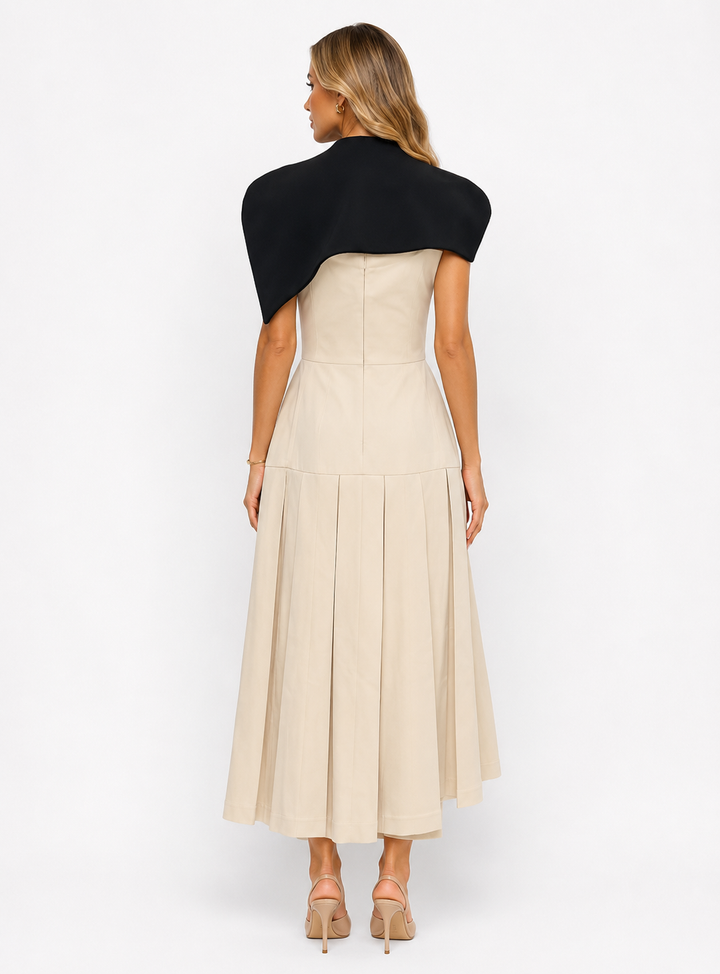 Contrast Cape Pleated Midi Dress - Ivory