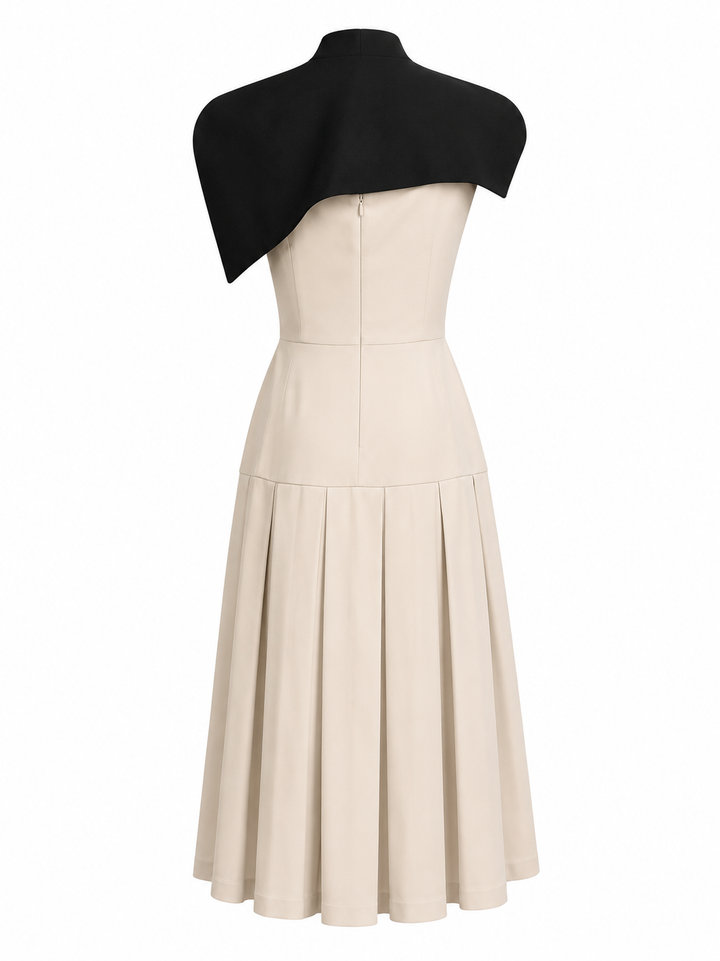 Contrast Cape Pleated Midi Dress - Ivory