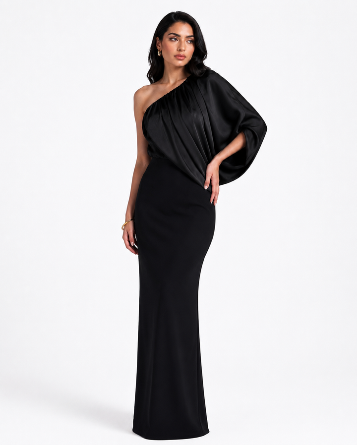 Black One-Shoulder Draped Maxi Dress - Eclipse