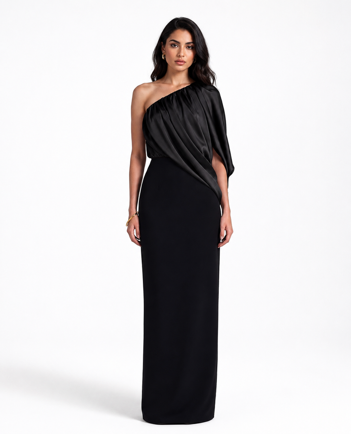 Black One-Shoulder Draped Maxi Dress - Eclipse