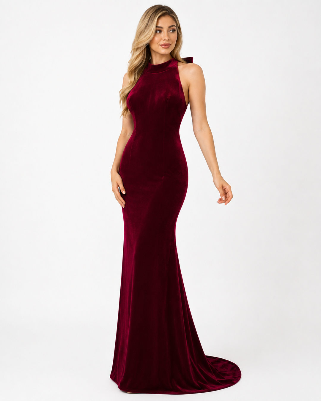 Burgundy Velvet Halter Gown – Merlot