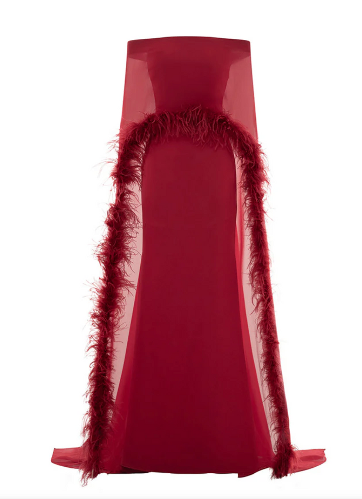 Feather-Trimmed Cape Gown - Crimson