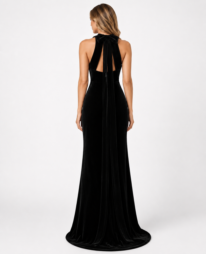 Burgundy Velvet Halter Gown – Merlot